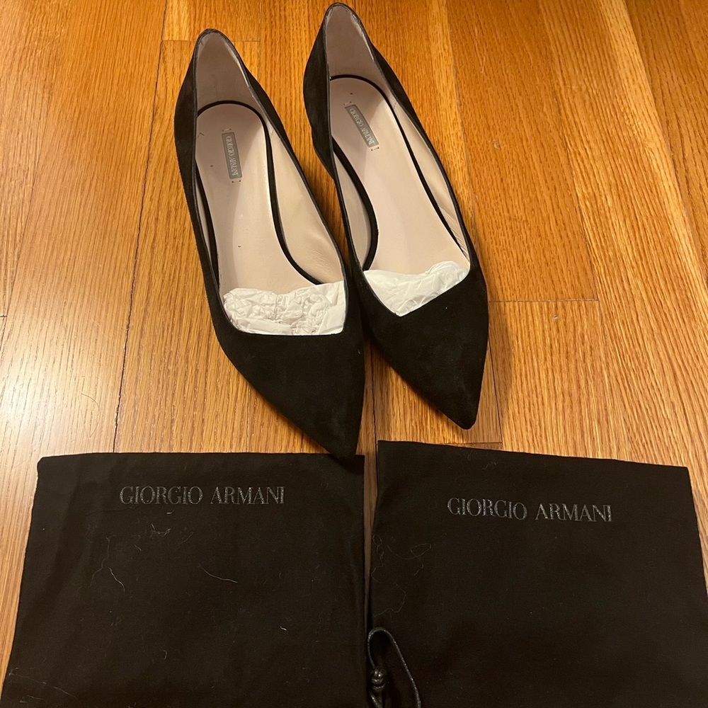 Black suede pointed Giorgio Armani flats with dust bag